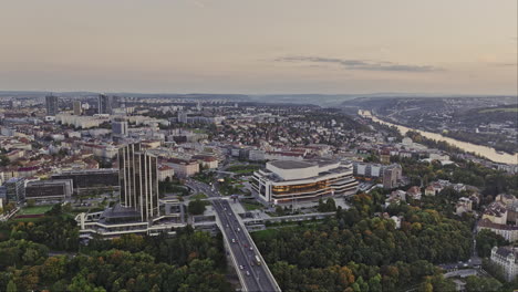 Prague-Czechia-Aerial-v120-flyover-Nuselský-most-bridge-capturing-congress-center,-busy-street-traffics-on-5