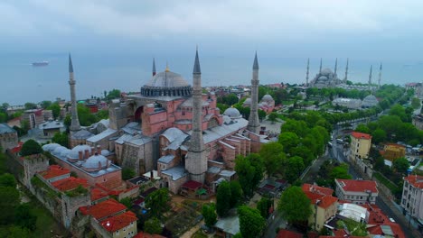 Aerial-Hagia-Sophia-Blue-Mosque-Istanbul-Turkey-Pull-Back-Cinematic-Establishing-Drone-Shot