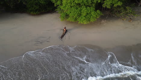 Top-down-aerial-view-of-a-woman-laying-down-on-a-tropical-beach-in-Manuel-Antonio,-Costa-Rica