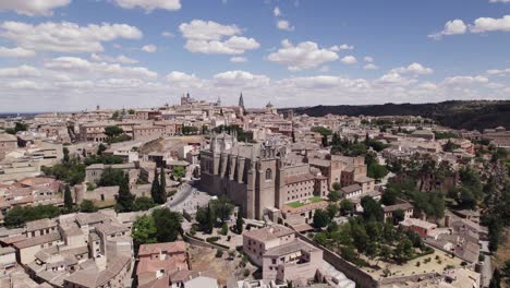 Aerial-view-of-amazing-Monastery-of-San-Juan-de-los-Reyes-in-Toledo,-Spain