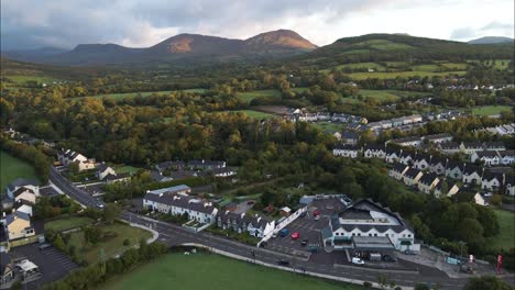 Touristic-Village-of-Kenmare,-Ireland-in-County-Kerry---Aerial-Drone-View