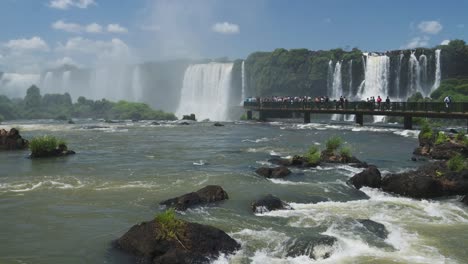 Tourism-Destination-Overlooking-Beautiful-Huge-Waterfall-Landmarks-in-Argentinian-Rainforest,-Tourist-Entertainment-Viewing-Amazing-Flowing-Rivers-to-Tall-Waterfalls-in-Iguacu-Falls,-South-America