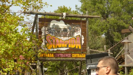 Entrance-Sign-Of-Stampida-Roller-Coaster-Ride-At-PortAventura-Park-In-Catalonia,-Spain