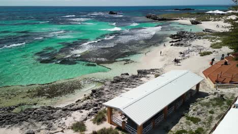 Aerial-over-Rottnest-Island,-sandy-shores-gently-caressed-by-the-crystal-clear-waters-of-the-Indian-Ocean,-Longreach-Bay-offers-a-haven-of-natural-beauty-and-tranquility