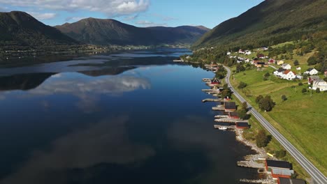 Aerial-over-Syvde-waterfront,-Vanylven-Municipality,-Norway