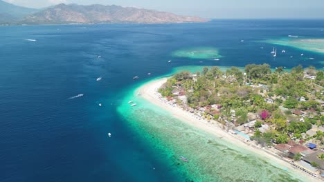 Gili-Air-Beach-South,-Indonesia:-Pristine-shores,-crystal-clear-waters,-and-local-village-charm---Aerial