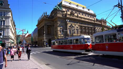 Establishing-view-of-the-red-city-streetcar-and-the-National-Theater-of-Prague-in-the-European-city-of-the-Czech-Republic