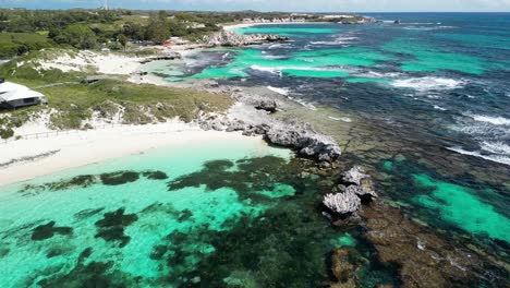 Rottnest-Longreach-Bay,-Australia:-Turquoise-waters-with-rugged-coastline---Aerial