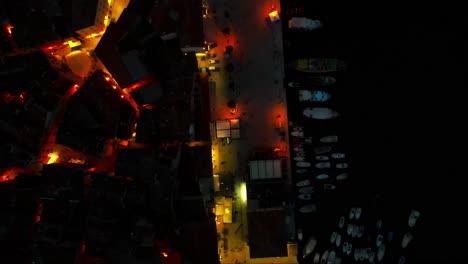 Aerial-top-shot-of-old-town-of-Rovinj-at-night