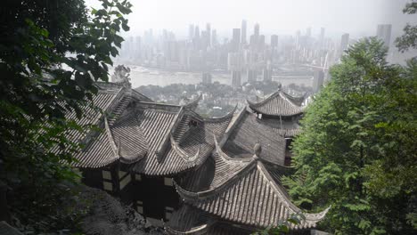 Wide-angle-overview-of-contrasting-ancient-and-modern-Chongqing-City-skyline-and-roof-top