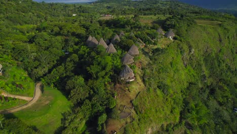 Aerial-dolly-out-revealing-set-of-thatched-roof-huts-hotel-in-the-South-American-jungle