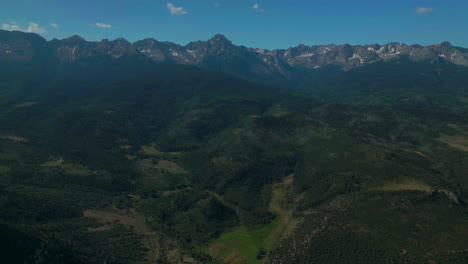 Colorado-scenic-aerial-cinematic-drone-summer-San-Juans-Rocky-Mountains-Ridgway-Ralph-Lauren-Ranch-Mount-Sniffels-Dallas-Range-14er-Million-Dollar-Highway-morning-blue-sky-backwards-movement