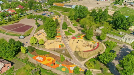 High-bird's-eye-view-of-a-recreation-area-with-sports-activities