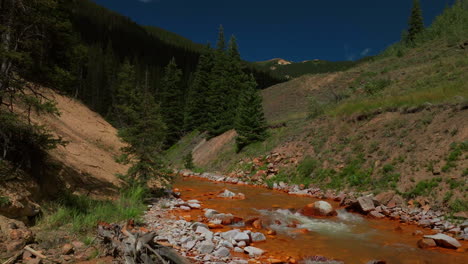 Aerial-cinematic-drone-orange-river-Cement-Creek-summer-high-altitude-Silverton-Ski-Area-resort-Telluride-Prospect-Gulch-Colorado-Rocky-Mountains-stunning-drive-blue-sky-steam-movement