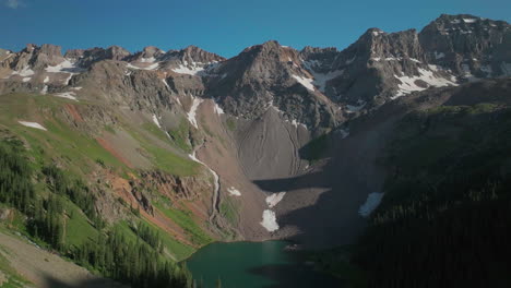 Colorado-Blue-Lakes-Mount-Sniffels-Wilderness-aerial-drone-cinematic-scenic-summer-San-Juans-Rocky-Mountains-Ridgway-Dallas-Range-14er-Million-Dollar-Highway-snow-melt-peaks-backwards-movement