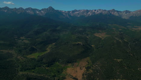 Colorado-scenic-aerial-cinematic-drone-summer-San-Juans-Rocky-Mountains-Ridgway-Ralph-Lauren-Ranch-Mount-Sniffels-Dallas-Range-14er-Million-Dollar-Highway-morning-blue-sky-backward-reveal-movement