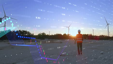 Engineer-Walking-Towards-Wind-Farm-With-Rising-Stock-Prices-Digital-Graphics