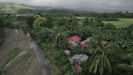 Aerial-flying-over-tropical-house-in-Asia-Palm-trees-Village-Town-Ethnic