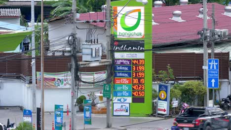 The-updated-petrol-prices-displayed-on-a-digital-board-in-front-of-Bangchak-Petrol-Station,-in-Bangkok,-Thailand