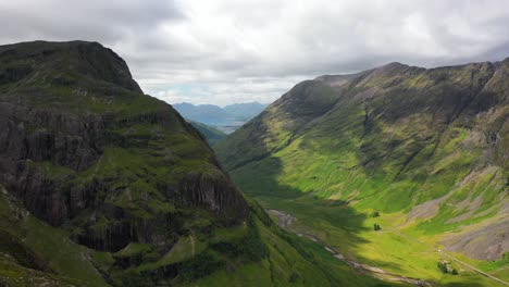 Scottish-Highlands,-Scottish-Mountains-in-Summer-Aerial-Shot-of-Glencoe-Valley-in-Scotland,-United-Kingdom