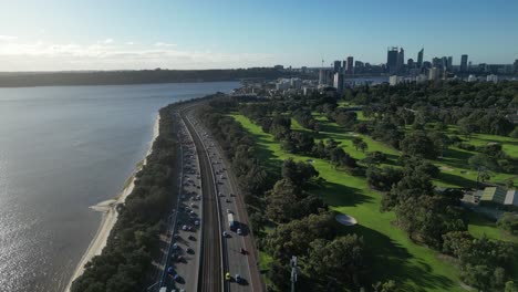 Aerial-view-of-traffic-on-State-Route-2-near-the-coastline-of-the-city-of-Perth-in-Australia