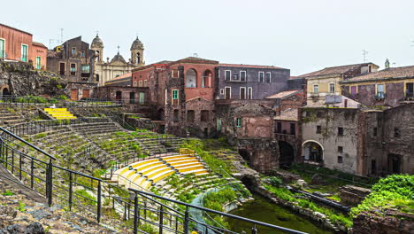 Timelapse-of-Overgrown-Open-Air-Semi-Circular-Roman-Theatre-of-Catania