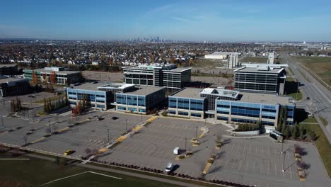 Drone-shot-of-the-business-center-in-Quarry-Park-community-in-Calgary