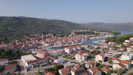 Establishing-aerial-townscape-view-of-Stari-Grad-Dalmatia-town-in-Croatia