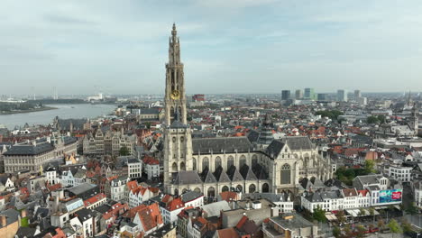 Aerial-approaching-shot-showing-Cathedral-of-Our-Lady-in-Antwerp-City