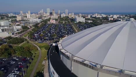 4K-Aerial-Drone-Video-of-Tropicana-Field-and-Full-Parking-Lots-next-to-Interstate-275-in-Downtown-St
