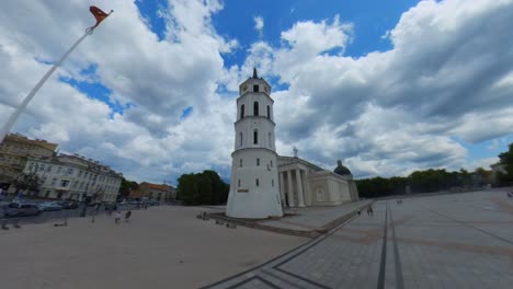 Extreme-Wide-Angle-Slomo-Shot-of-Bell-Tower-and-Vilnius-Cathedral