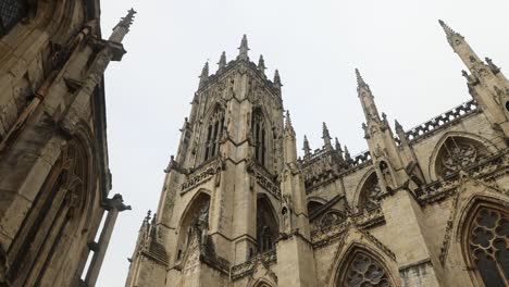 Hand-held-shot-of-a-beautiful-tower-spire-at-the-historic-York-Minster