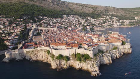 Dubrovnik,-Croatia:-Aerial-IN-to-historic-Old-Town,-coastline,-and-Adriatic-Sea