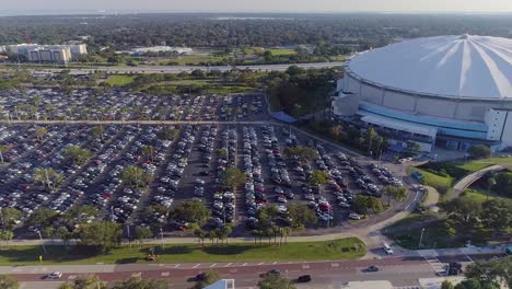 4K-Aerial-Drone-Video-of-Tropicana-Field-and-Full-Parking-Lots-in-Downtown-St
