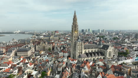 Tower-of-Cathedral-of-Our-Lady,-and-historic-old-town-of-Antwerp,-Belgium