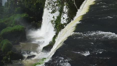 Clear-Waterfall-Pouring-off-Long-Cliff-Edge,-Tall-Drop-onto-Large-Rocky-Plunge-Pool,-Steep-Waterfall-Hidden-in-Beautiful-Green-Rainforest-Scenery-in-Iguazu-Falls,-Argentina,-South-America