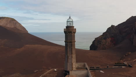 Aerial-Drone-shot-of-the-capelinhos-lighthouse,-in-the-Faial-island,-Azores---Portugal