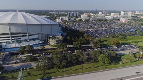 4K-Aerial-Drone-Video-of-Tropicana-Field-and-Full-Parking-Lots-next-to-Interstate-275-in-Downtown-St