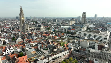 Aerial-drone-dolly-shot-of-the-skyline-of-Antwerp-with-the-Cathedral-of-Our-Lady