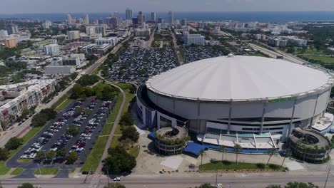 4K-Aerial-Drone-Video-of-Tropicana-Field-with-Waterfront-Skyline-of-Downtown-St