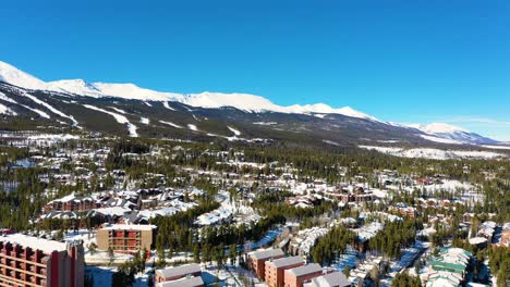Luftdrohnen-Panoramablick-Auf-Breckenridge,-Colorado-Im-Winter,-Bedeckt-Mit-Schnee-Und-Felsigen-Bergen