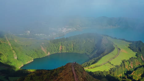 Aerial-drone-view-of-volcanic-lakes-in-Sao-Miguel,-Azores-Islands---Portugal