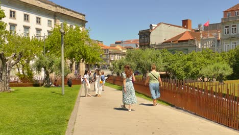 Shot-of-locals-walking-along-a-pathway-with-olive-trees-on-both-sides-in-Porto,-Portugal-on-a-sunny-day
