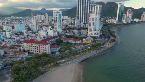 Aerial-clip-of-Nha-Trang-city-in-Vietnam-showing-urban-landscape-near-sea