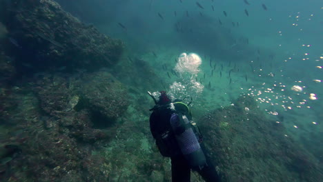 POV-Aufnahme-Der-Wunderschönen-Unterwasserwelt-Maltas-Während-Eines-Tauchgangs-Mit-Blick-Auf-Einen-Taucher-In-Tauchausrüstung,-Der-In-Zeitlupe-Auf-Einen-Fischschwarm-Und-Sauerstoffblasen-Blickt,-Die-Auf-Die-Kamera-Zugleiten