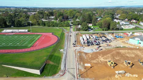 Aerial-drone-view-of-a-construction-site-at-a-school