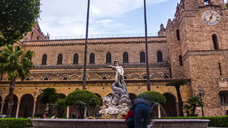 Timelapse-of-the-UNESCO-World-Heritage-Site-of-Monreale-Cathedral-with-a-great-view-of-the-historic-walled-architecture-of-the-Middle-Ages-of-the-colorful-old-town-of-Palermo-the-capital-of-Sicily