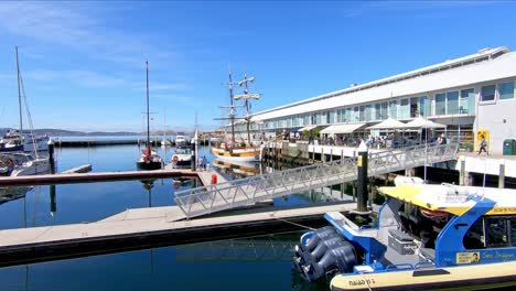 Hobart,-Tasmania-Australia---15-March-2019:-The-sailing-vessel-Lady-Nelson-docking-at-the-pier-in-the-waterfront-precinct-in-Hobart-Tasmania-Australia