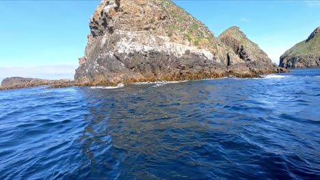 Touristenboot-In-Einer-Dünung-Neben-Einem-Felsvorsprung-Mit-Seetang-Im-Südlichen-Ozean-In-Der-Nähe-Von-Bruny-Island,-Tasmanien
