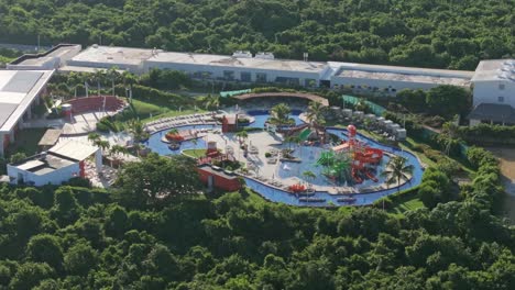 Aerial-view-of-water-park-paradise-for-children-at-NICKELODEON-RESORT,-PUNTA-CANA-in-summer